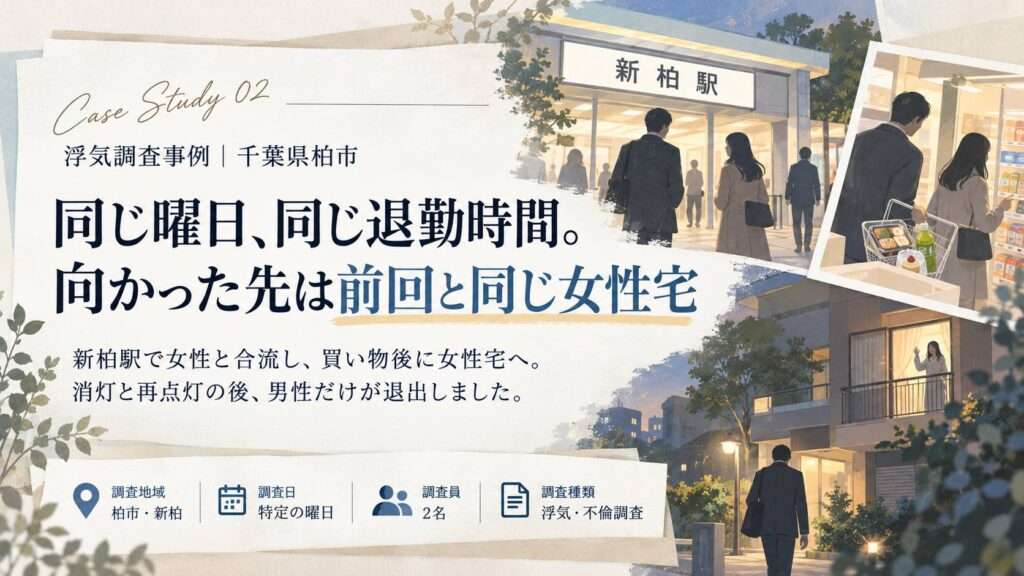 柏市の浮気調査事例｜同じ曜日に再調査、新柏の女性宅への出入りを確認