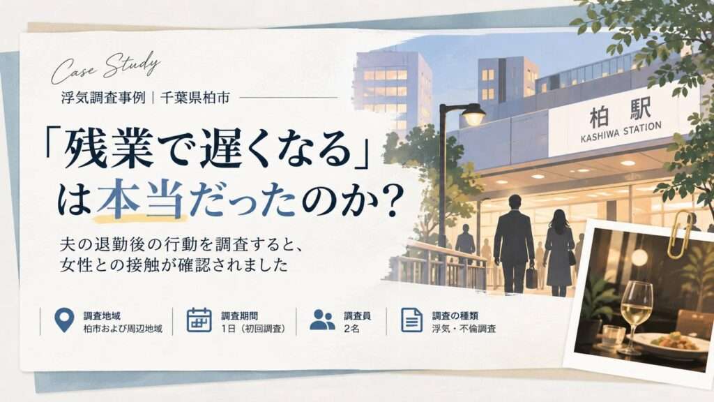 柏市の浮気調査事例｜残業と言っていた夫が女性と接触